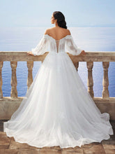 New Autumn/Winter Off-Shoulder Lantern Sleeve Snowflake Embroidery Long Dress, Bridal Wedding Dress